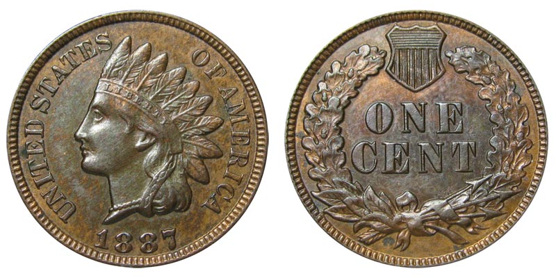 1887 Indian Head Penny obverse and reverse showing Indian portrait with feathered headdress and ONE CENT wreath reverse