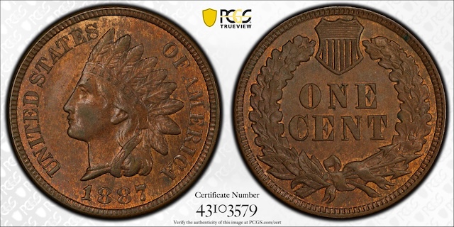Comparison of normal 1887 Indian Head Penny reverse versus DDO FS-101 showing dramatic doubling on AMERICA and OF